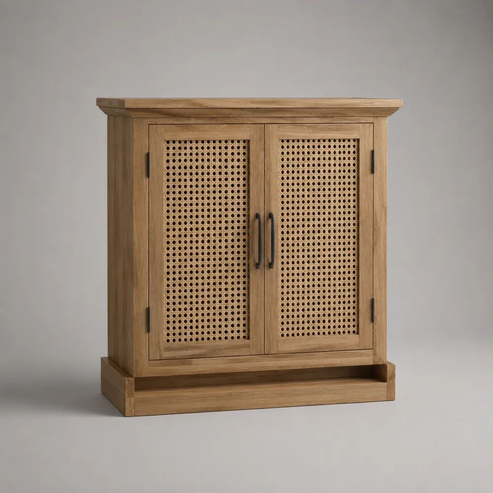 Credenza alta rettangolare a 2 ante in legno massello e rattan naturale, marrone naturale e nero, 100 x 40 x 110 cm