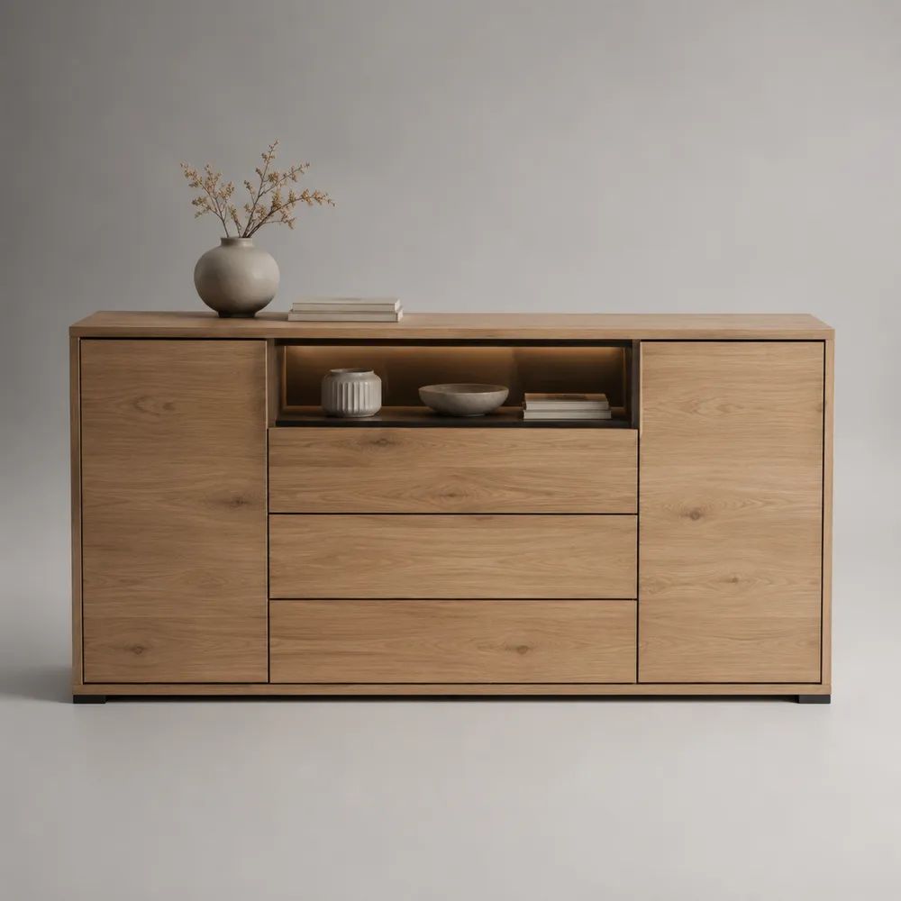 Credenza rettangolare in legno MDF impiallacciato rovere naturale e nero con 2 ante, 3 cassetti, vano aperto e illuminazione LED, 180 x 40 x 85 cm