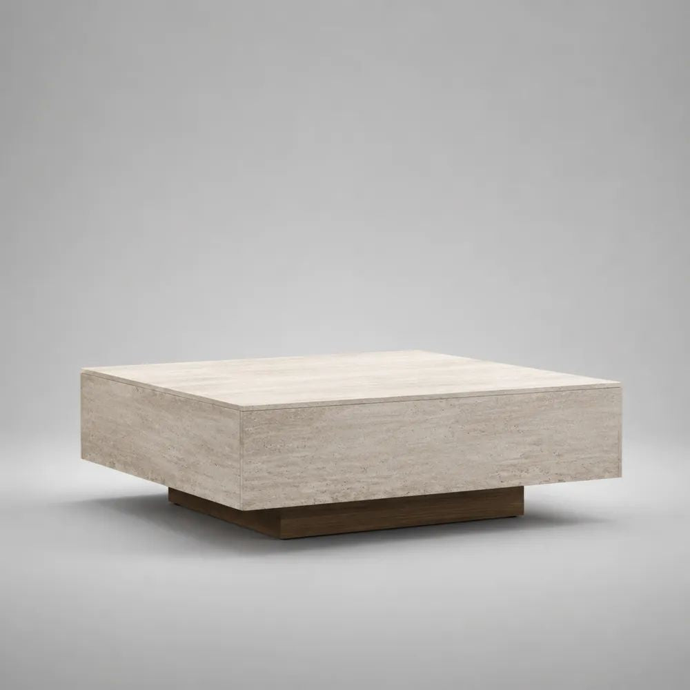 Tavolino quadrato in MDF effetto travertino con base effetto noce, beige e marrone, 100 x 100 x 35 cm