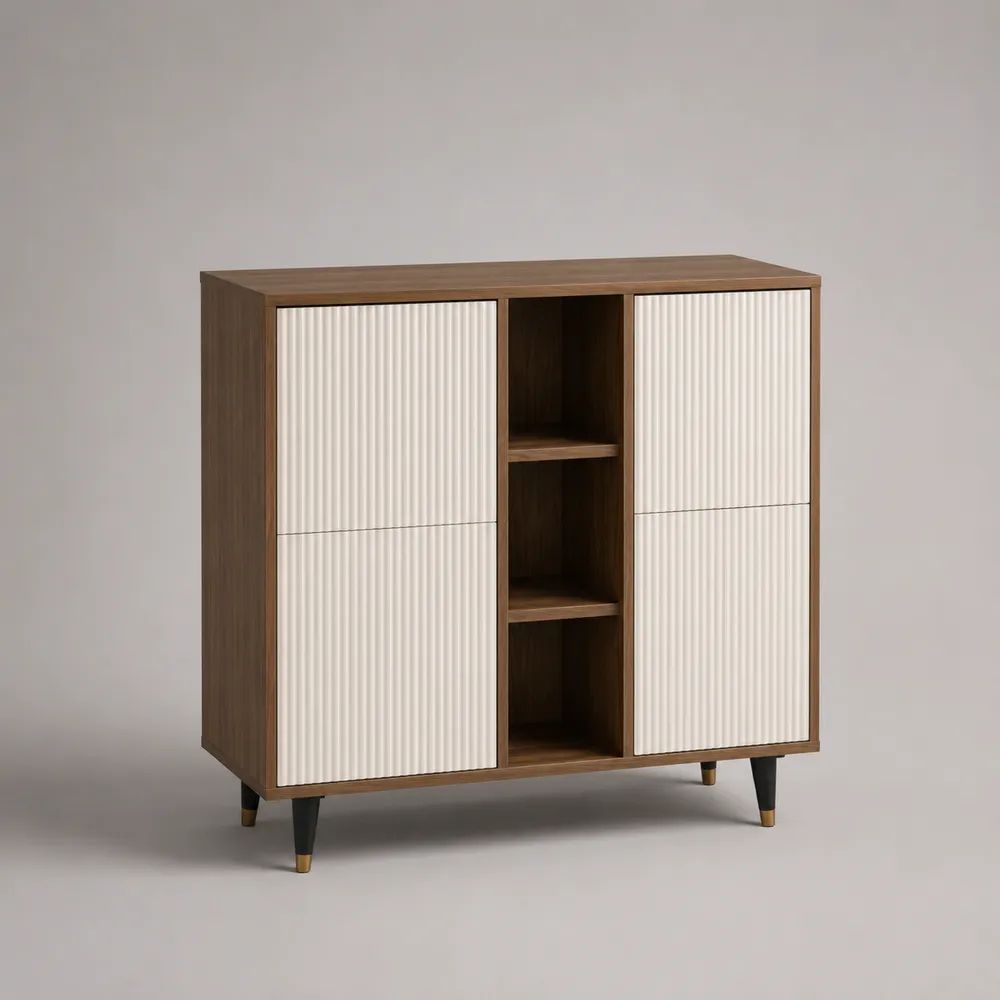 Credenza alta rettangolare a 4 ante in legno e metallo, noce, avorio, nero e ottone, 120 x 40 x 130 cm