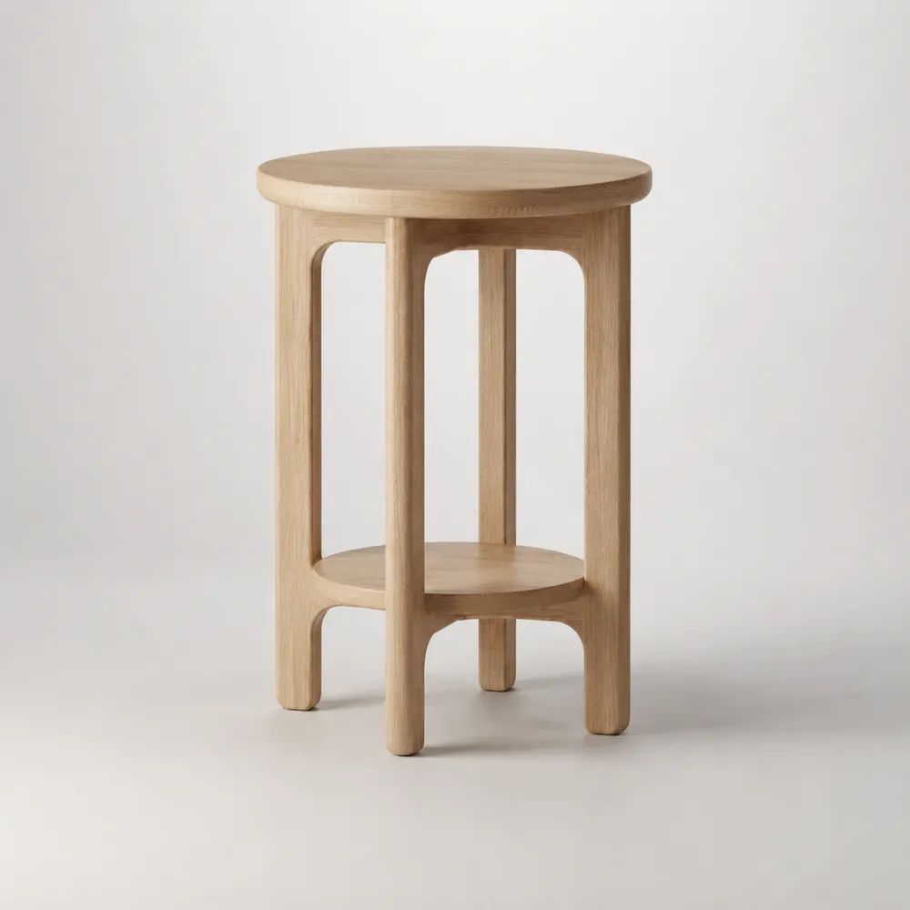 Tavolino rotondo in rovere massello beige naturale con ripiano inferiore, Ø 40 × H 60 cm