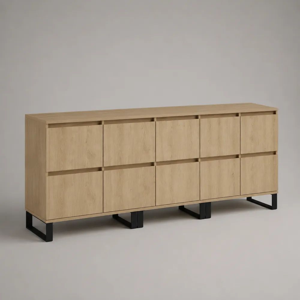 Credenza rettangolare in pannelli melaminici e acciaio, rovere naturale e nero, 8 ante, 180 x 40 x 80 cm