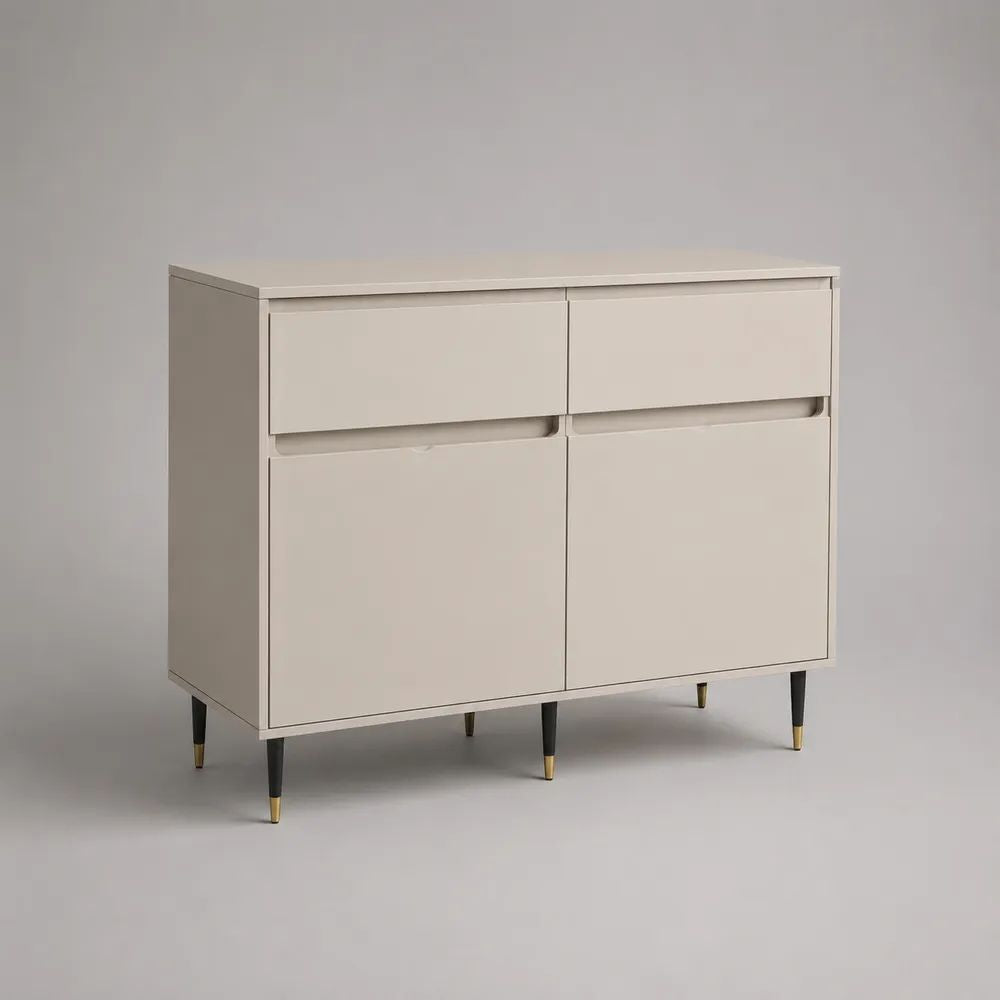 Credenza madia rettangolare in legno con 2 ante e 2 cassetti, beige chiaro, 100 × 35 × 90 cm