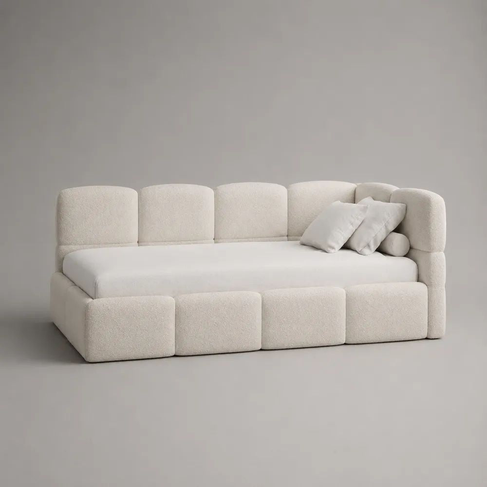 Letto singolo imbottito con contenitore, 4 cassetti e rivestimento in tessuto bouclé bianco crema, superficie di riposo 90 × 200 cm