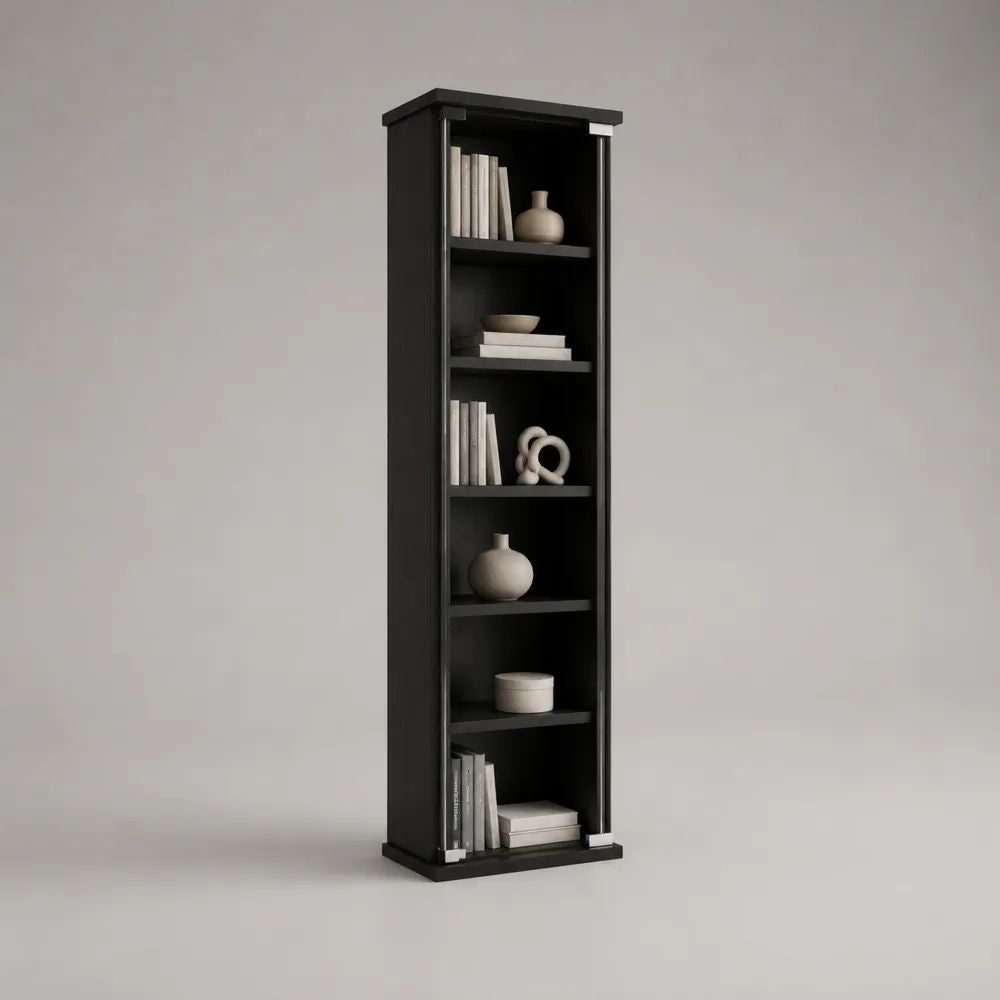 Libreria alta e stretta in pannelli di particelle melaminici e metallo, 6 vani, Nero/Argento, 40 x 30 x 180 cm