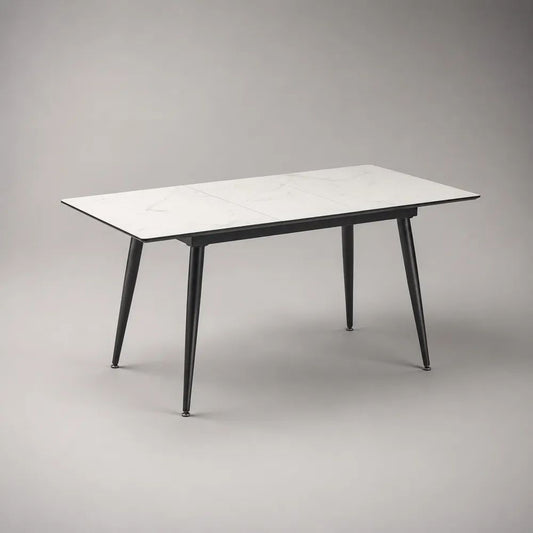 Tavolo da pranzo rettangolare in ceramica effetto marmo bianco e metallo nero, 140 × 80 × 75 cm