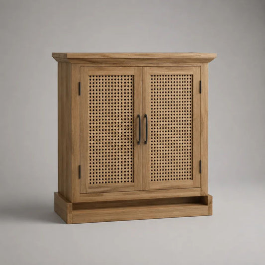 Credenza alta rettangolare a 2 ante in legno massello e rattan naturale, marrone naturale e nero, 100 x 40 x 110 cm