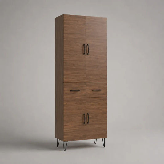 Credenza alta da interno in legno effetto noce con 4 ante, 2 cassetti e gambe in metallo nero, 80 x 40 x 180 cm