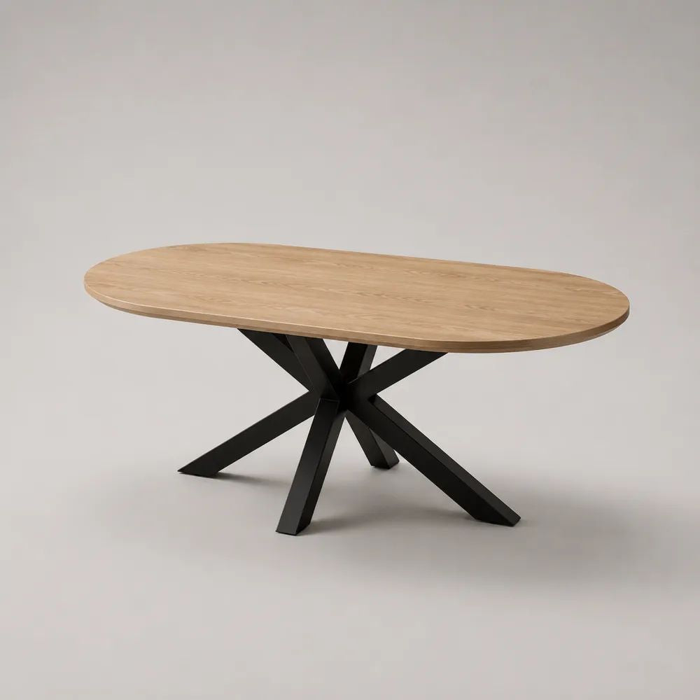 Tavolino da salotto ovale in legno e metallo, rovere naturale e nero, 120 × 60 × 45 cm