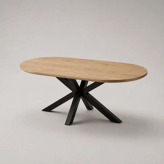 Tavolino da salotto ovale in legno e metallo, rovere naturale e nero, 120 × 60 × 45 cm