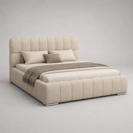 Letto matrimoniale contenitore imbottito in tessuto beige con rete sollevabile, per materasso 160 x 200 cm, dimensioni 180 x 220 x 115 cm