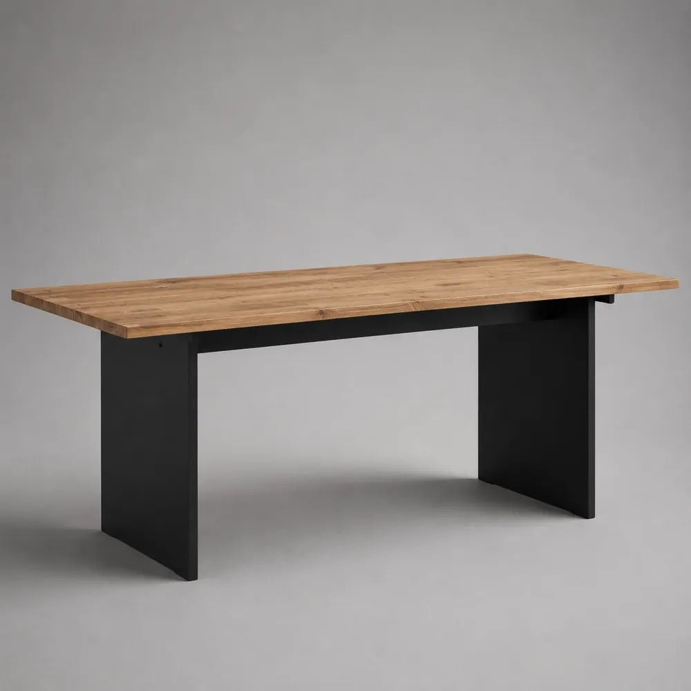 Tavolo da pranzo rettangolare in legno massello e acciaio, marrone naturale e nero, 180 × 90 × 76 cm