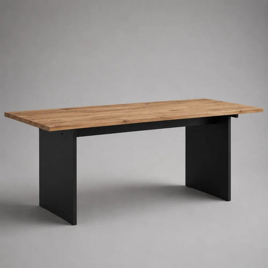 Tavolo da pranzo rettangolare in legno massello e acciaio, marrone naturale e nero, 180 × 90 × 76 cm