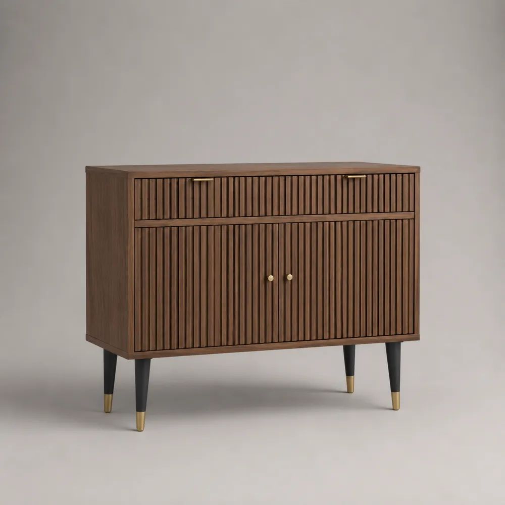 Credenza rettangolare in legno e metallo con 2 ante e 2 cassetti, marrone noce, nero e ottone, 120 × 40 × 90 cm