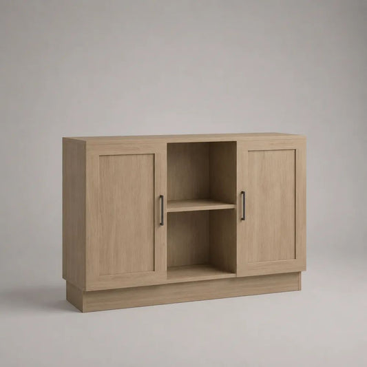 Credenza in pannello truciolare melaminico con 2 ante e 2 vani aperti, rovere chiaro e nero, 120 × 40 × 85 cm