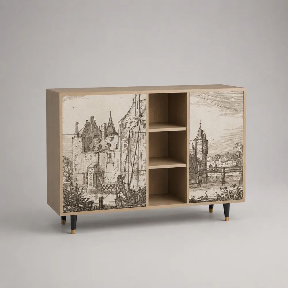 Credenza in MDF beige e nero con 2 ante decorate e 3 vani aperti, 120 x 40 x 85 cm