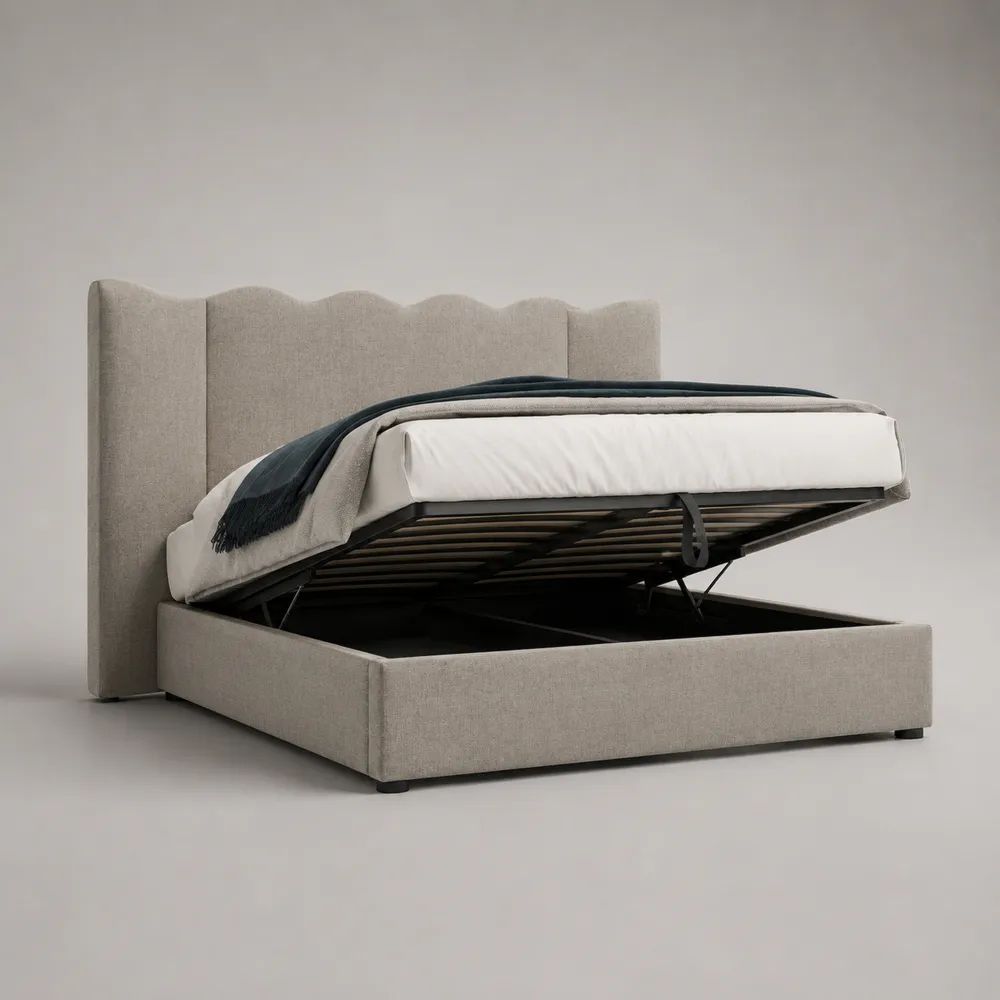 Letto matrimoniale contenitore in tessuto beige 181 x 215 x 120 cm con rete sollevabile, per materasso 160 x 200 cm