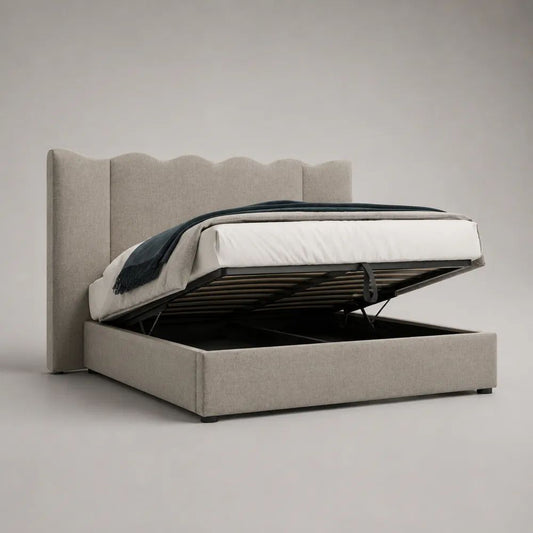 Letto matrimoniale contenitore in tessuto beige 181 x 215 x 120 cm con rete sollevabile, per materasso 160 x 200 cm