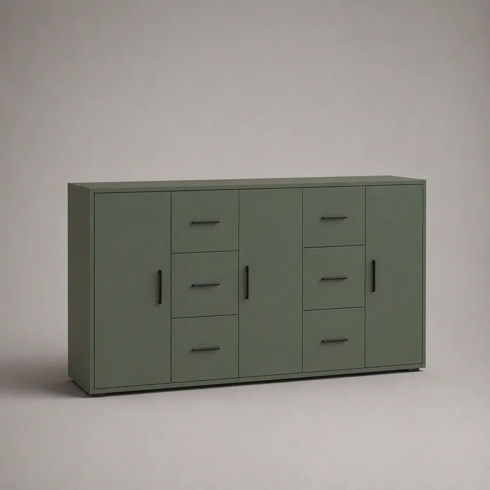 Credenza rettangolare in legno con 3 ante e 6 cassetti, verde oliva e nero, 160 x 40 x 90 cm
