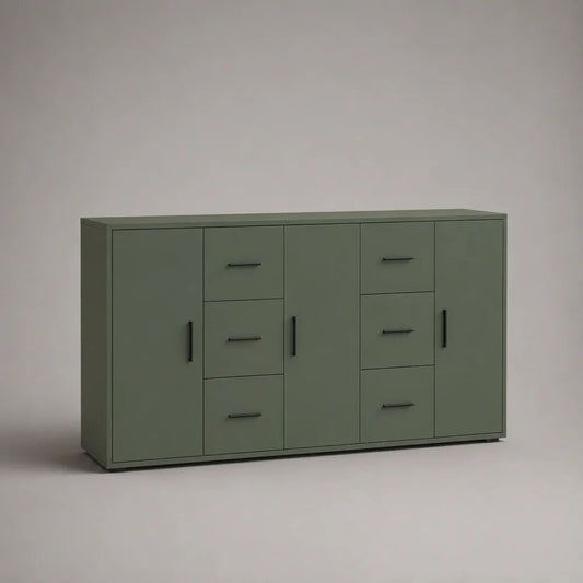 Credenza rettangolare in legno con 3 ante e 6 cassetti, verde oliva e nero, 160 x 40 x 90 cm