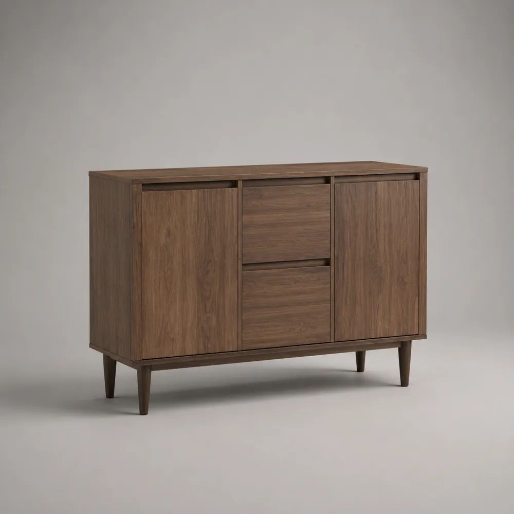 Credenza rettangolare in MDF melaminico marrone noce con 2 ante e 2 cassetti, 120 × 40 × 90 cm