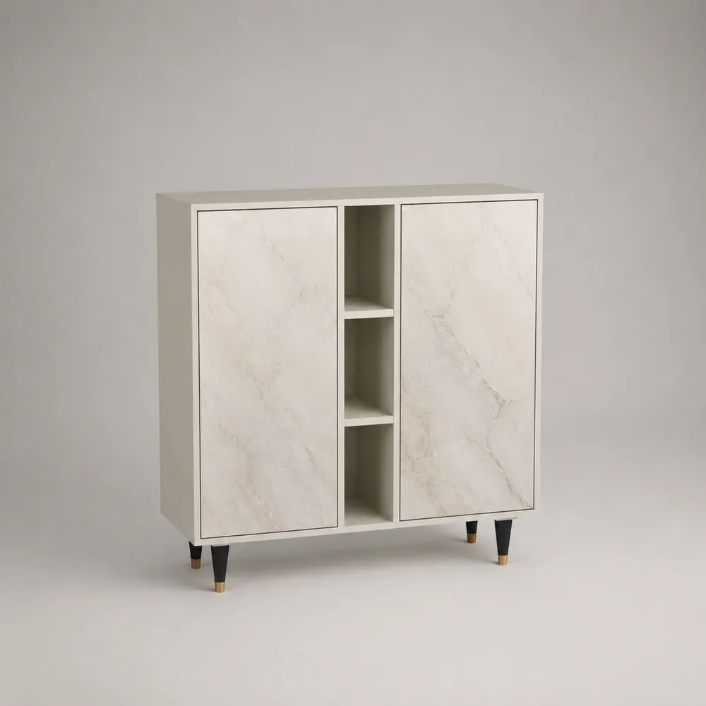 Credenza in truciolare melaminico bianco effetto marmo con 2 ante e 3 vani aperti, 100 x 40 x 115 cm