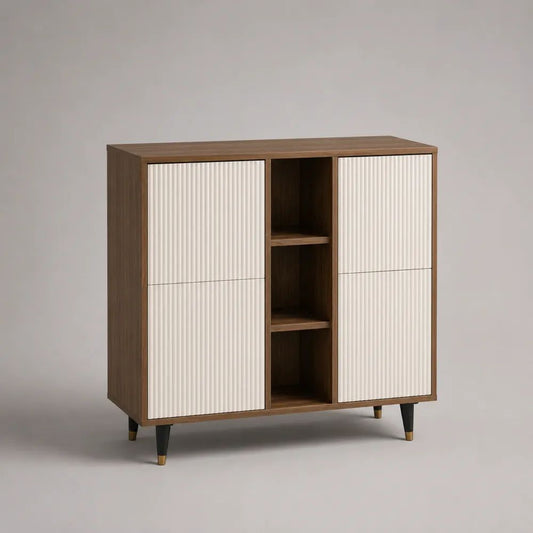 Credenza alta rettangolare a 4 ante in legno e metallo, noce, avorio, nero e ottone, 120 x 40 x 130 cm