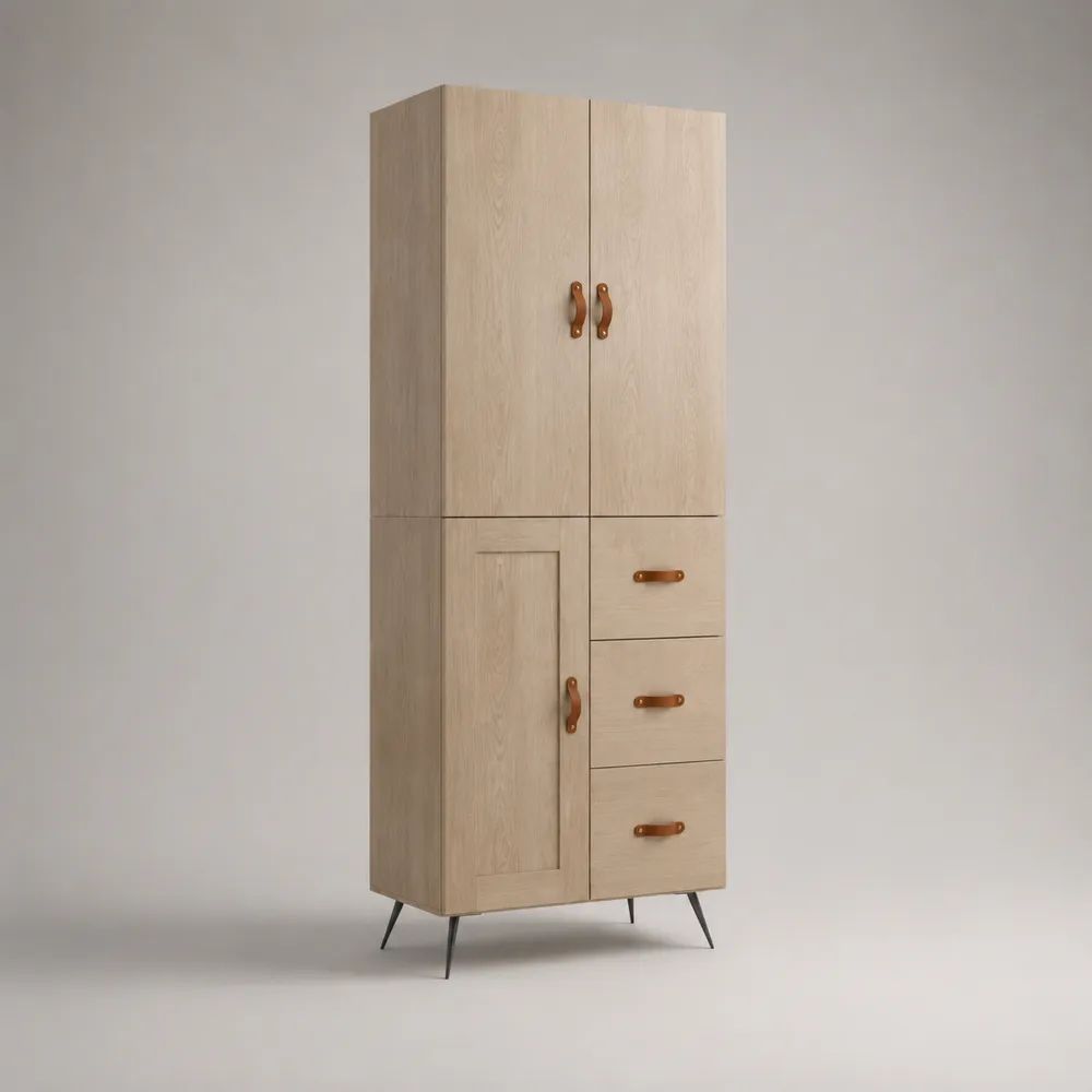 Credenza alta rettangolare in truciolare melaminico con 3 ante e 3 cassetti, rovere chiaro, 80 × 40 × 180 cm