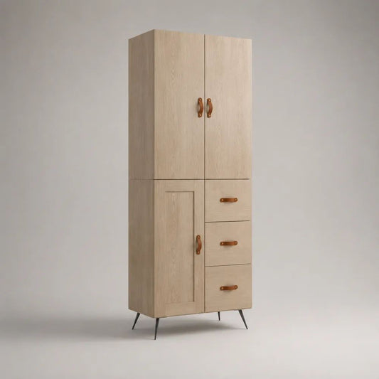 Credenza alta rettangolare in truciolare melaminico con 3 ante e 3 cassetti, rovere chiaro, 80 × 40 × 180 cm