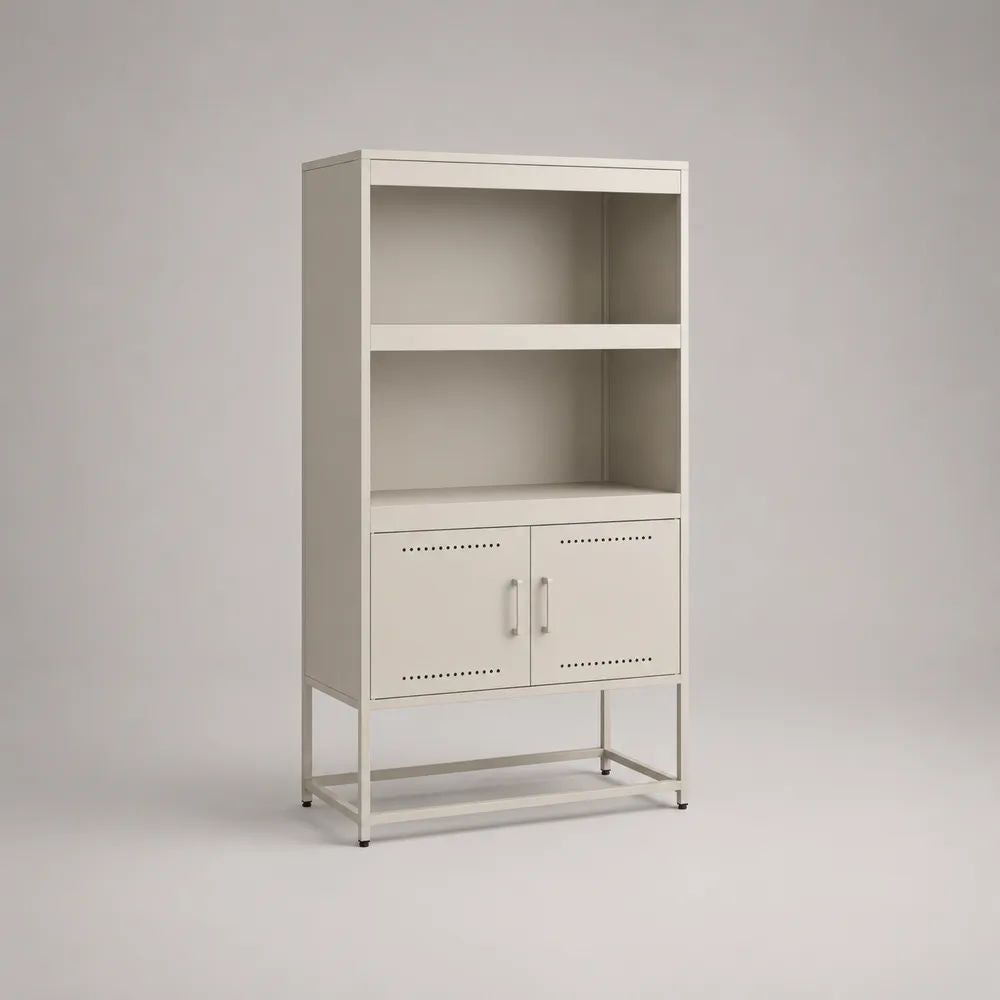 Credenza da cucina in acciaio bianco avorio con 2 ante e 2 ripiani aperti, 80 x 40 x 180 cm