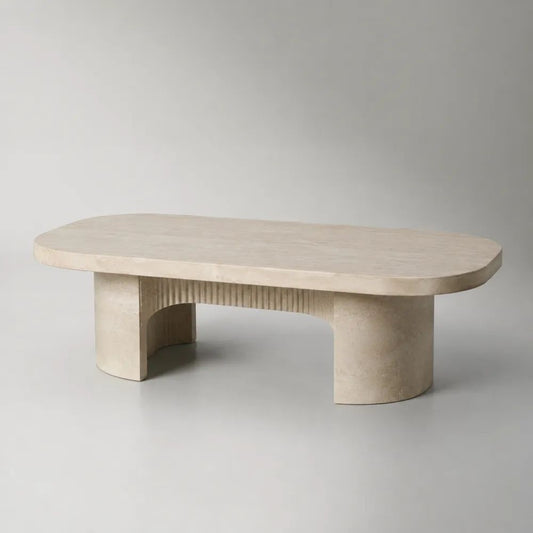 Tavolino da salotto in travertino beige con piano rettangolare arrotondato, 120 × 60 × 40 cm