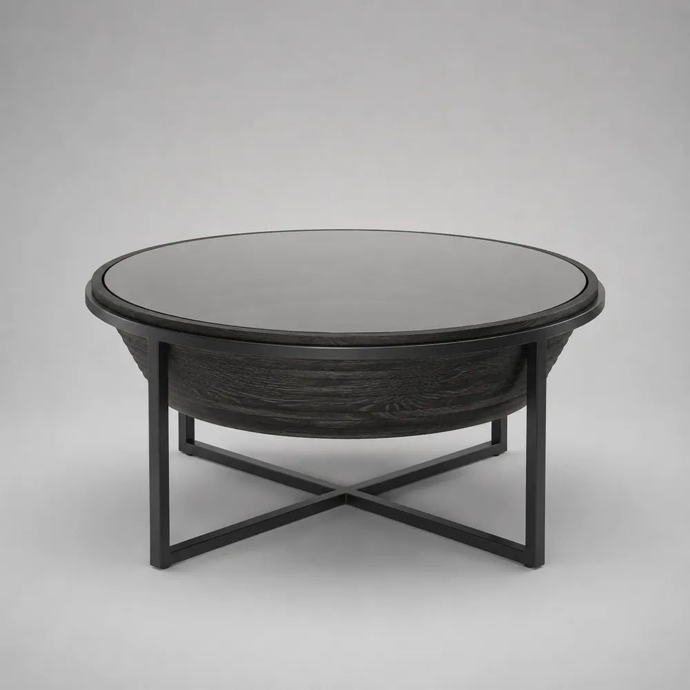Tavolino da salotto rotondo nero e grigio fumé in vetro, legno e metallo, Ø 90 x 45 cm