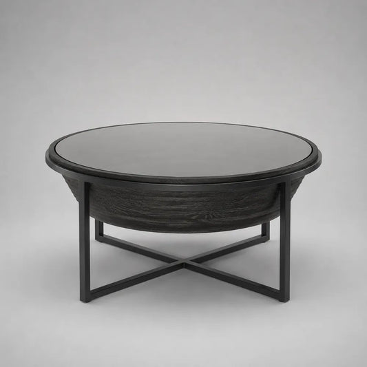 Tavolino da salotto rotondo nero e grigio fumé in vetro, legno e metallo, Ø 90 x 45 cm