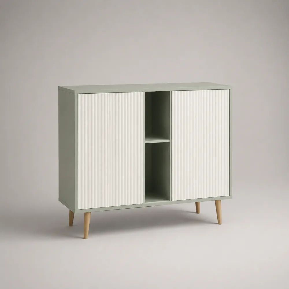 Credenza rettangolare in MDF con 2 ante scanalate e 2 vani aperti, verde salvia, bianco e legno naturale, 100 x 35 x 95 cm