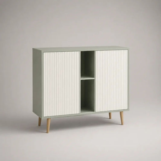 Credenza rettangolare in MDF con 2 ante scanalate e 2 vani aperti, verde salvia, bianco e legno naturale, 100 x 35 x 95 cm