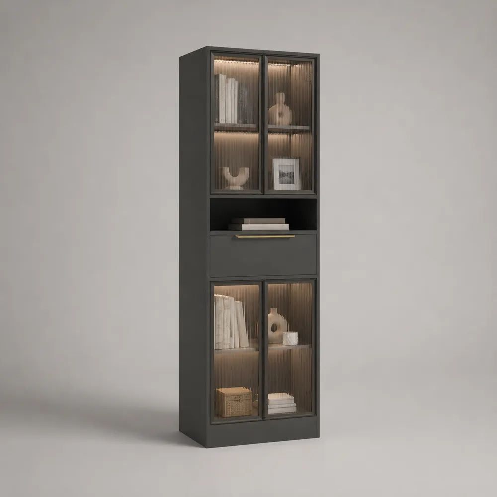 Vetrina credenza alta in MDF e vetro scanalato con illuminazione LED, antracite e bronzo fumé, 80 × 40 × 200 cm