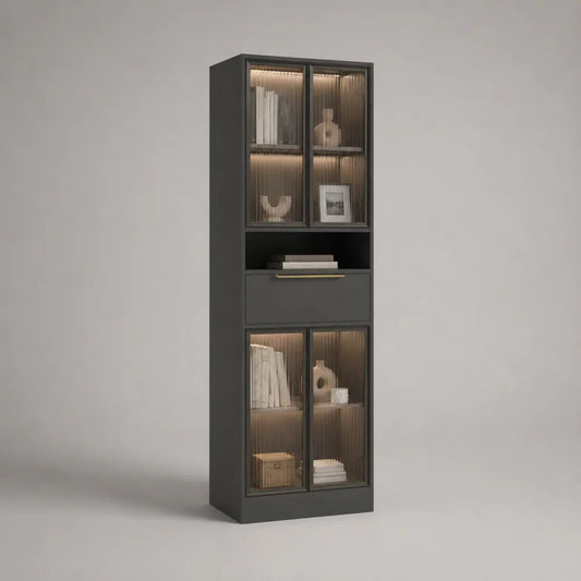 Vetrina credenza alta in MDF e vetro scanalato con illuminazione LED, antracite e bronzo fumé, 80 × 40 × 200 cm