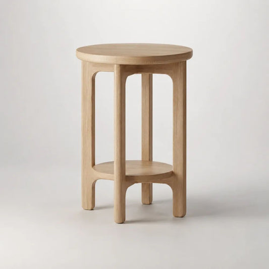 Tavolino rotondo in rovere massello beige naturale con ripiano inferiore, Ø 40 × H 60 cm