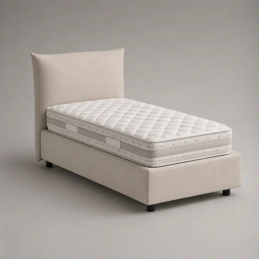 Letto singolo contenitore imbottito beige 105 × 215 × 110 cm, superficie di riposo 90 × 200 cm, con testiera e rete sollevabile