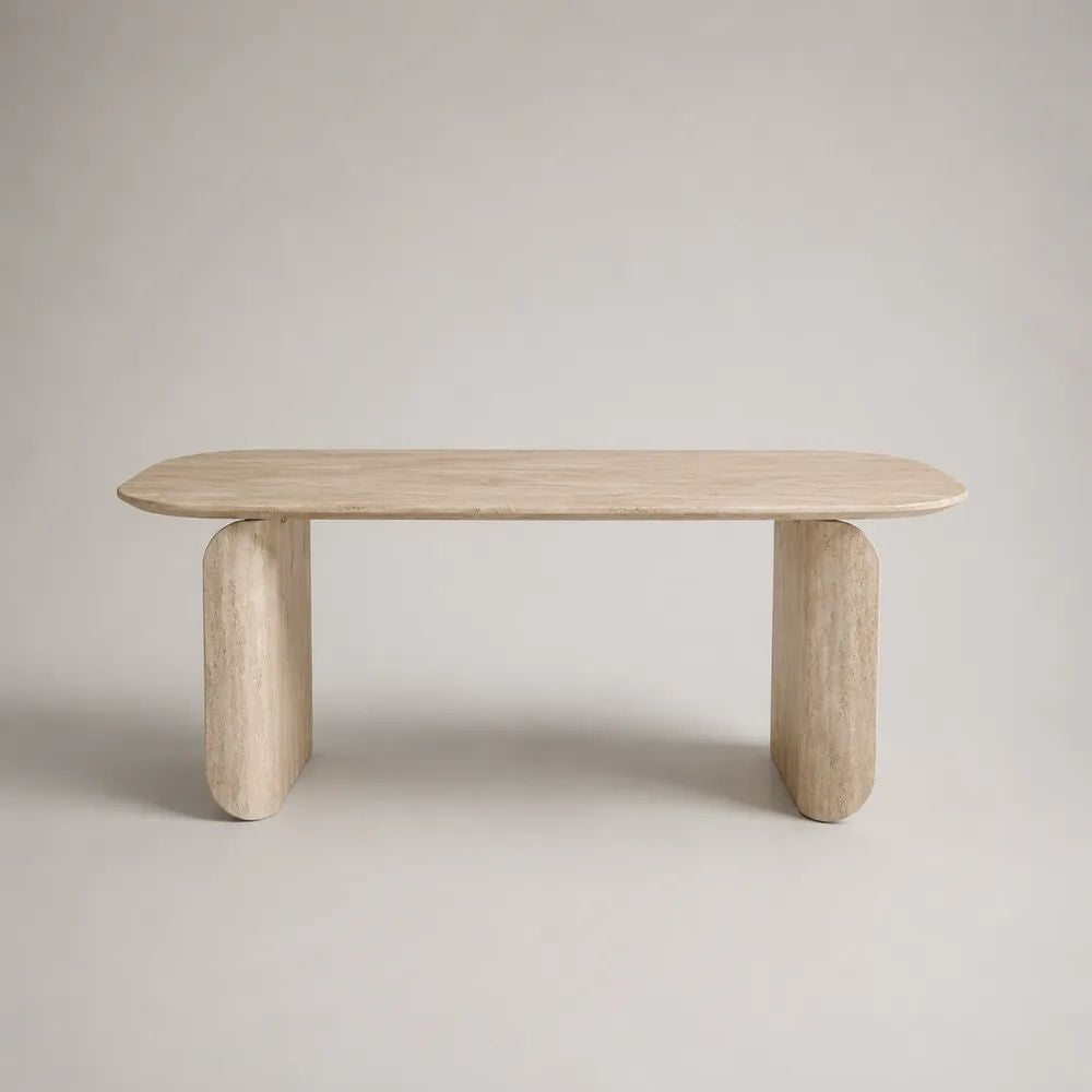 Tavolo da pranzo rettangolare in travertino beige con angoli arrotondati, 180 x 90 x 75 cm