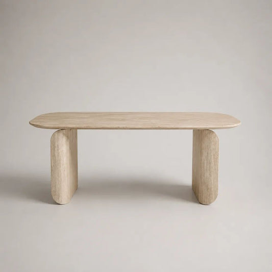 Tavolo da pranzo rettangolare in travertino beige con angoli arrotondati, 180 x 90 x 75 cm