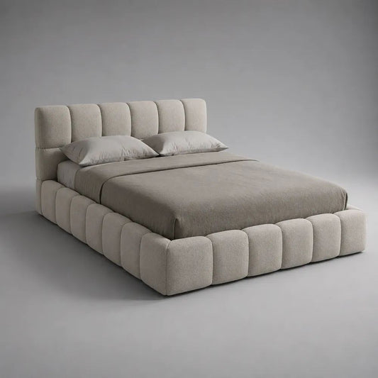 Letto matrimoniale contenitore imbottito in tessuto beige, per materasso 160 x 200 cm, dimensioni 190 x 220 x 110 cm
