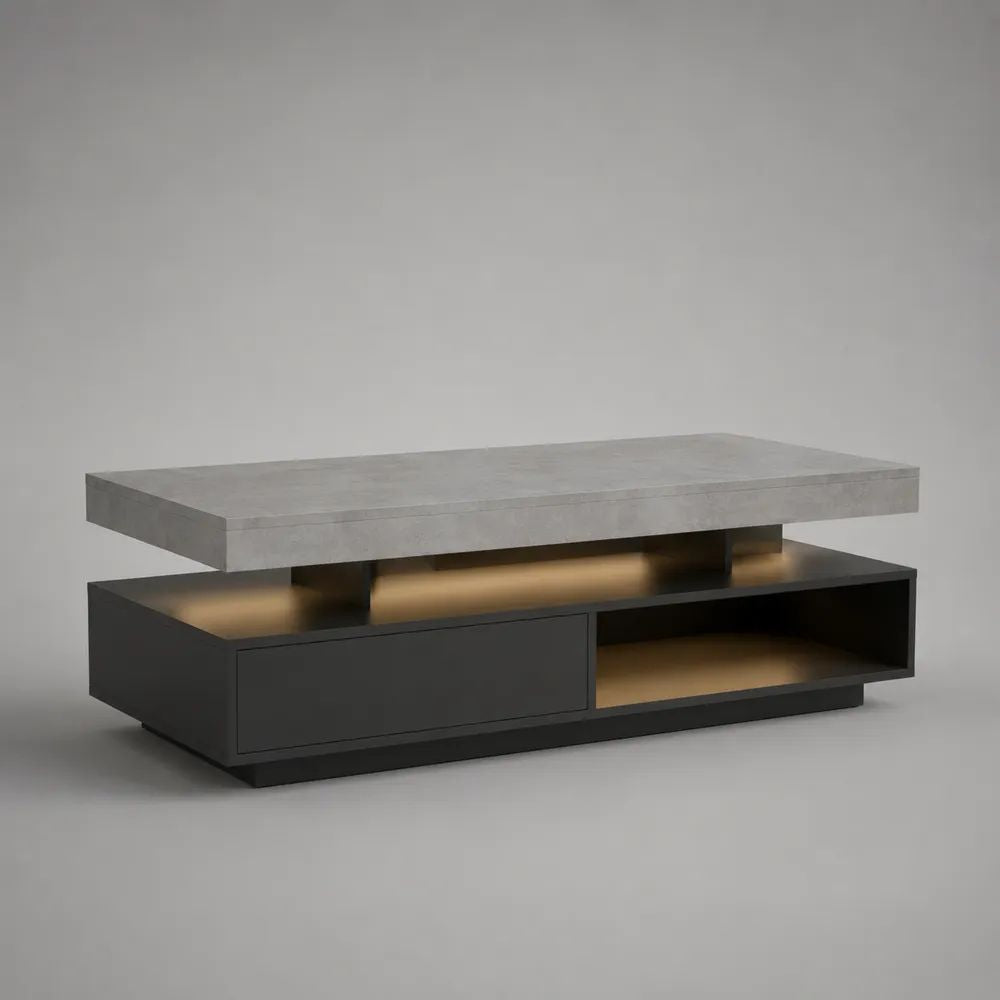 Tavolino da salotto rettangolare in MDF grigio effetto cemento e nero con cassetto, vani aperti e illuminazione LED, 110 × 60 × 45 cm