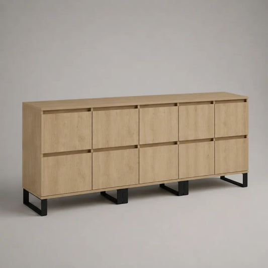 Credenza rettangolare in pannelli melaminici e acciaio, rovere naturale e nero, 8 ante, 180 x 40 x 80 cm