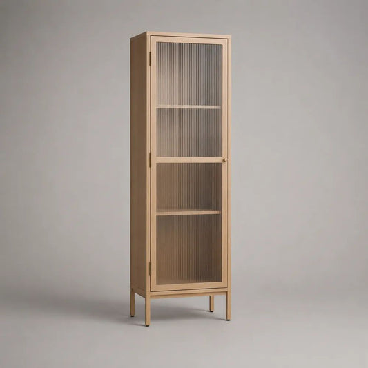 Mobile contenitore alto rettangolare a 1 anta in acciaio e vetro scanalato, beige dorato e grigio fumé, 45 × 35 × 170 cm