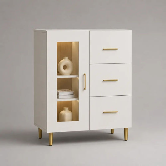 Credenza alta rettangolare in MDF e vetro con anta, 3 cassetti e 2 ripiani, bianca e oro, 90 x 40 x 120 cm