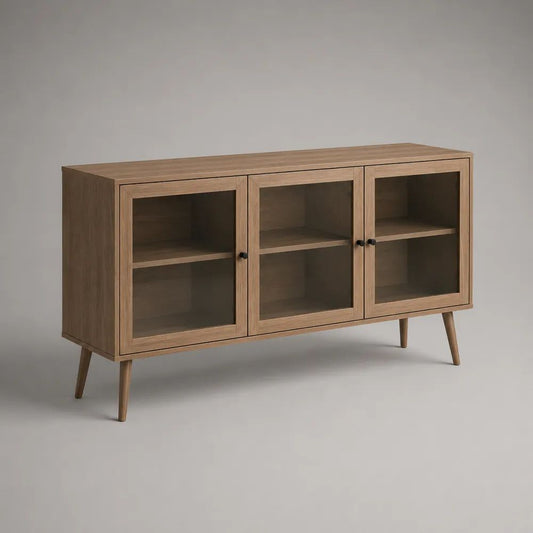 Credenza in legno e vetro a 3 ante, marrone rovere e nero, 140 x 40 x 80 cm