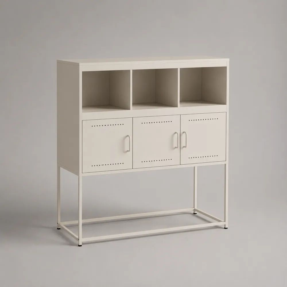 Credenza in acciaio bianca con 3 ante ventilate e 3 vani aperti, 120 x 40 x 140 cm