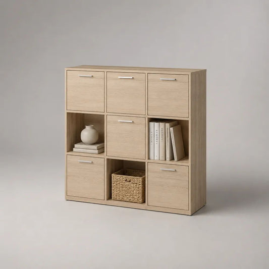Mobile contenitore rettangolare in legno con 9 vani e 6 ante, rovere chiaro e argento, 110 x 30 x 120 cm