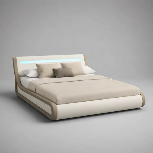Letto matrimoniale contenitore imbottito in pelle PU crema e beige con LED, per materasso 160 x 200 cm, 190 x 225 x 105 cm